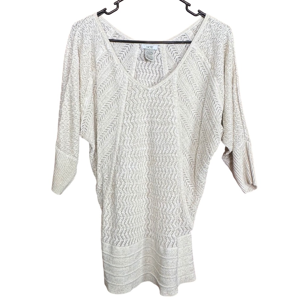 VTG Cache L Ivory Gold Metallic Pointelle Knit Batwing Dolman Sweater Holiday